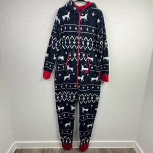 Tipsy Elves Jumpsuit Womens L Blue Hooded Reindeer Christmas Holiday Fair Isle‎